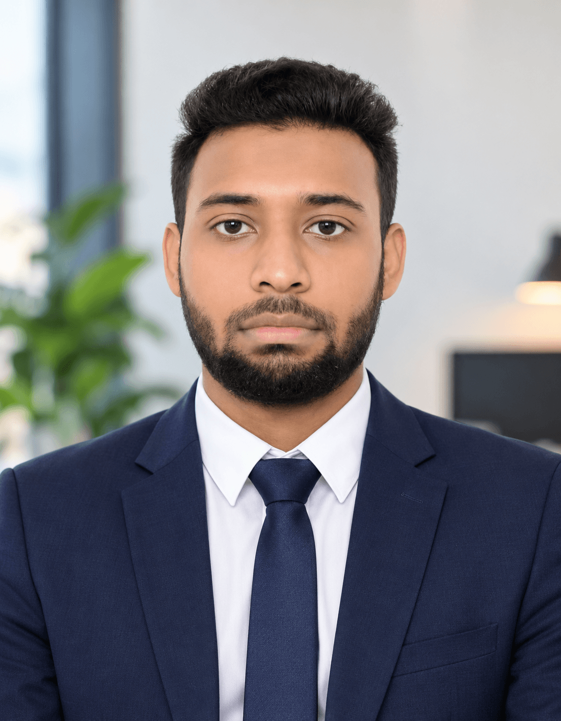 Portrait of Tareq Mahmud in a navy suit and tie
